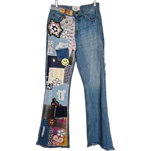 BDG Urban Outfitters High-Waisted Flare Patchwork Craft Jeans Indigo 26 - Picture 4 of 12